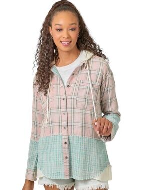 265. Pastel Plaid Button-Up Hoodie Shirt - Pink & Mint